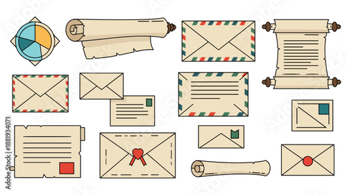 Set of vintage stationery items including airmail envelopes, rolled paper scrolls, and letters with red wax seals and hearts.