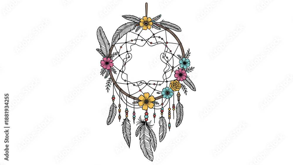 Fototapeta premium Beautifully designed dreamcatcher decorated with colorful flowers and hanging feathers for spiritual and bohemian decor concepts.