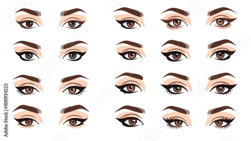 Various female eye makeup styles featuring different eyeliner shapes and eyeshadow looks for beauty tutorials and fashion concepts.