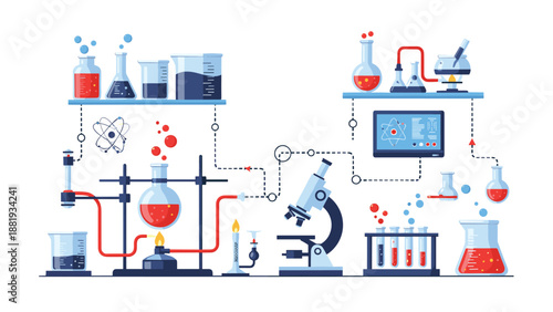 Modern science laboratory scene with flasks test tubes microscope and chemical reactions for chemistry and education concepts.