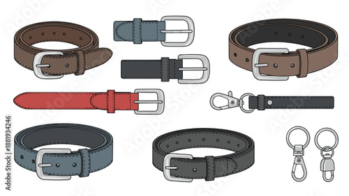 Selection of leather belts in different colors like brown blue and red with various metal buckles for fashion and accessory catalogs.