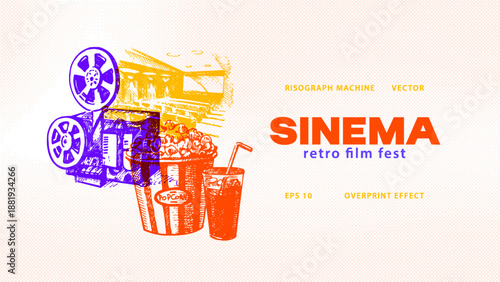 Sketch retro cinema and movie background. Film studio, streaming platform, tv, ticket service concept. Overlay effect. Vector hand drawn halftone illustration