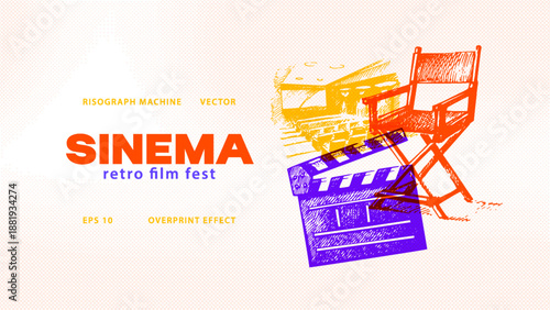 Sketch retro cinema and movie background. Film studio, streaming platform, tv, ticket service concept. Overlay effect. Vector hand drawn halftone illustration
