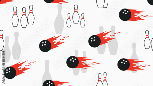 Seamless pattern with bowling balls and pins against a clean background, ideal for sports themed designs and backgrounds.