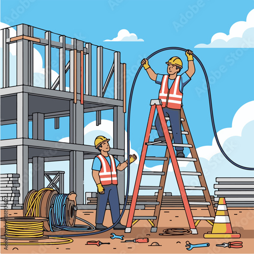 Two construction workers with cable.