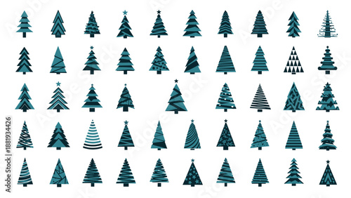 Large collection of diverse stylized christmas tree icons in various geometric and artistic designs, perfect for holiday season graphics.