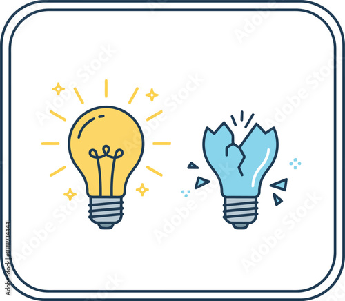 A bright glowing lightbulb next to a broken shattered one symbolizing successful and failed ideas