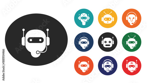 Collection of modern chatbot and ai assistant icons in colorful circular backgrounds, representing customer support and technology.