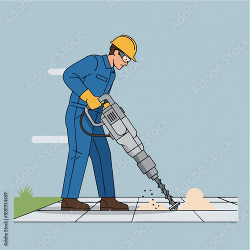 Man wearing safety gear operating jackhammer.