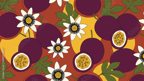 Vibrant seamless pattern featuring passion fruits, halves, and their beautiful white flowers with green leaves on a warm background.