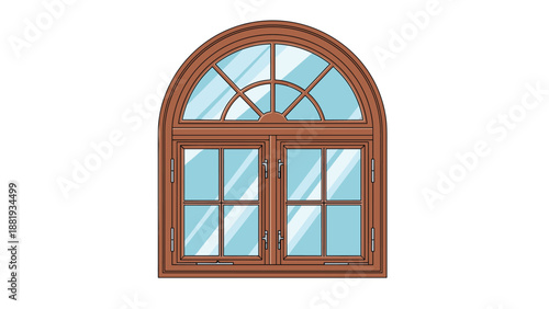 Classic arched wooden window with glass panes and brown frames, suitable for architectural visualizations and home design illustrations.