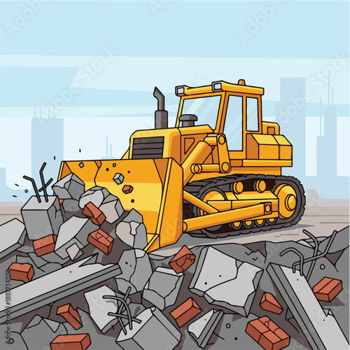 Yellow bulldozer on construction site rubble.
