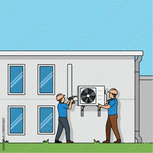 Two men installing air conditioning unit.