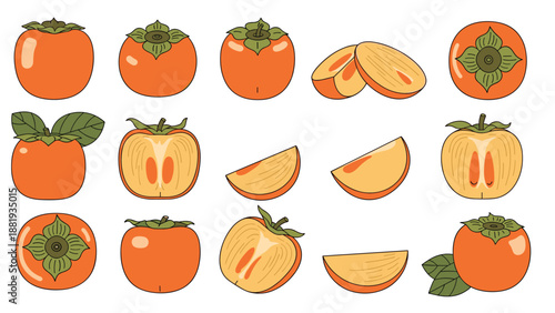 Diverse collection of whole, halved, and sliced persimmon fruits with leaves, highlighting their vibrant orange color and unique shape.