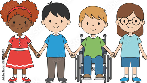 vector illustration of diverse children holding hands including a boy in a wheelchair representing inclusivity friendship and community unity