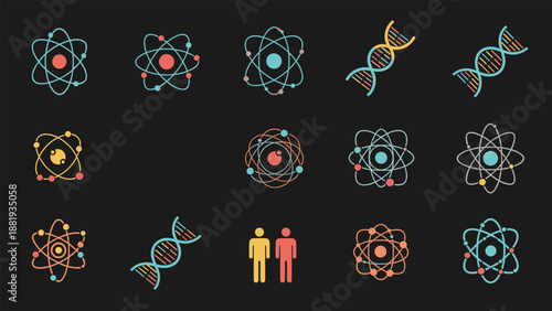 Set of scientific symbols including various atomic structures, dna double helix models, and human figures, representing physics and biology.