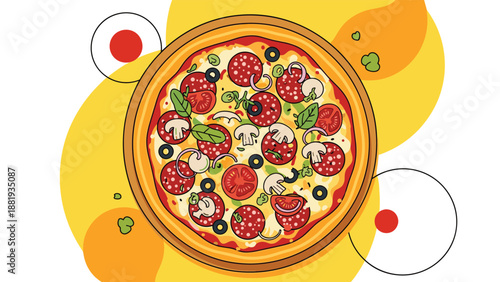 Top down view of a colorful pizza topped with salami, tomatoes, olives, mushrooms, and herbs, highlighting fresh and tasty ingredients.