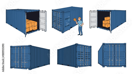 Blue metal shipping containers shown from different angles and states including open doors with boxes and a person loading cargo.