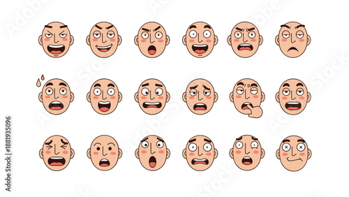 Large collection of male cartoon faces showing a wide range of emotions and expressions from happy to shocked and bored.