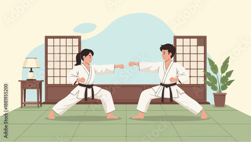 Two people in martial arts uniforms practice stances and punches indoors