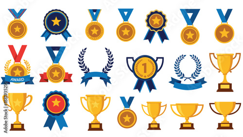 Set of golden trophies, medals with blue and red ribbons, and laurel wreaths representing victory and professional achievement.