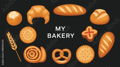 Fresh bakery products such as bread loaves, a croissant, pretzel, and cookies surrounding the text my bakery on a dark background.