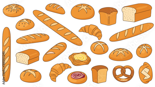 Extensive collection of diverse bread types and pastries featuring baguettes, loaves, croissants, rolls, and a pretzel on a white background.