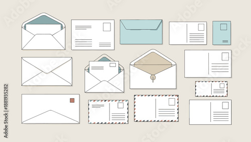 Collection of assorted envelopes and postcards in white and pale blue shades including open mail with letters on a neutral background.
