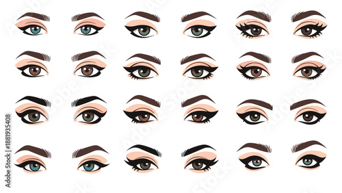 Comprehensive grid of various female eye shapes and makeup looks featuring diverse colors, eyeliner styles, and eyebrow designs.