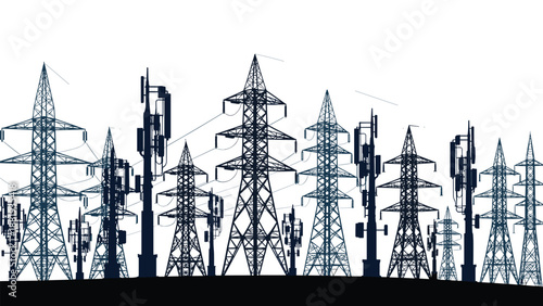 Dense industrial silhouette showcasing a forest of electrical power pylons, transmission lines, and communication towers against white.