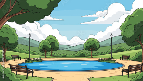 Serene cartoon illustration of a public park with a circular pond, wooden benches, street lamps, and lush green rolling hills.