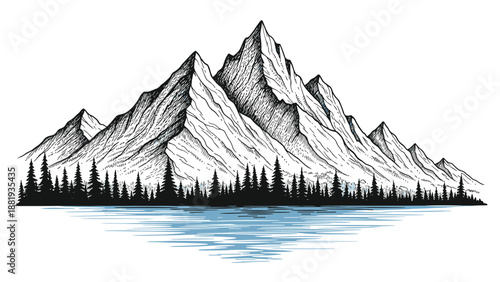 Majestic hand-drawn landscape featuring tall snow-capped mountain peaks rising above a dense pine forest and a reflective lake.