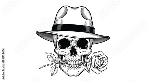 Human skull wearing vintage fedora hat with rose in teeth presented in classic hand drawn woodcut style engraving.