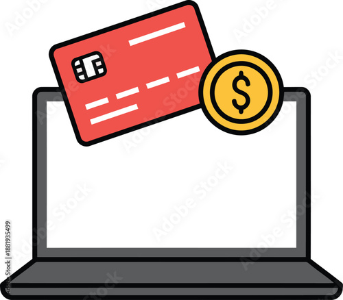 Laptop screen featuring a red credit card and golden dollar coin symbolizing secure online payments