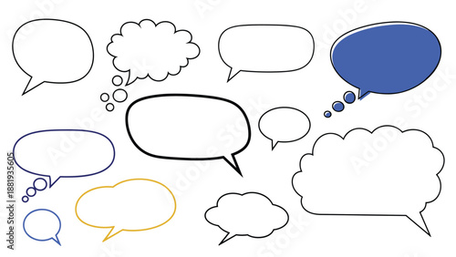 Assorted collection of blank speech and thought bubbles in various shapes and outline colors for communication design.