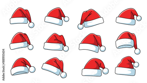 Twelve different Santa Claus hats shown from various angles and positions for Christmas holiday season decorations.