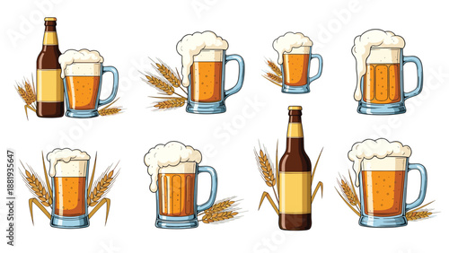 Variety of beer related icons including glass mugs with foam, brown bottles, and stalks of barley for brewery branding.
