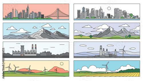 Set of eight panoramic landscape illustrations showing cityscapes, mountains, factories, wind farms, and fields.