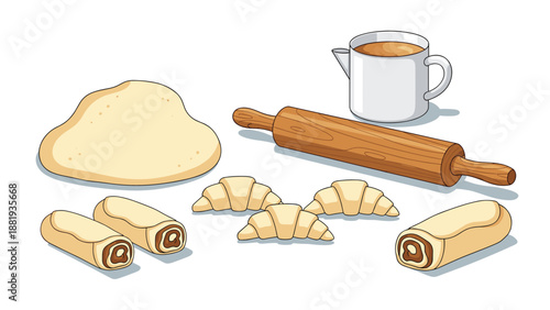 Detailed scene with baking preparation including dough, rolling pin, pitcher of milk, and uncooked croissants and rolls.