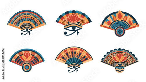 Collection of decorative hand fans featuring ancient Egyptian motifs like the Eye of Horus and lotus flower designs.