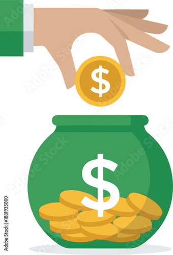 A person's hand deposits a shiny golden dollar coin into a green savings jar for future growth