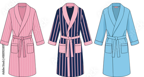 vector illustration of three colorful bathrobes with striped and solid patterns for spa and home relaxation wear concepts