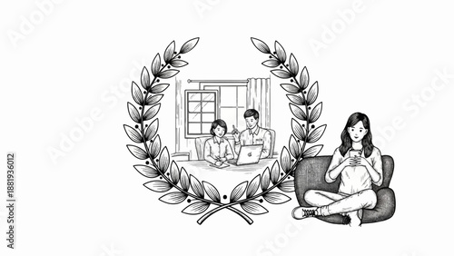 Two people collaborate at a desk, while another relaxes with a device