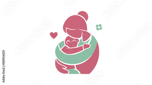 Minimalist Vector Illustration of Mother Hugging Baby, Concept of Motherhood, Maternal Love, and Happy Mother's Day