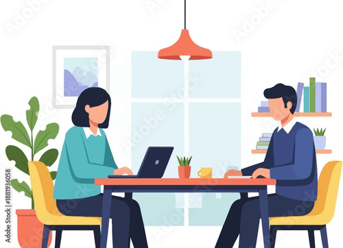 Two people collaborate at a table, working on laptops with indoor plants