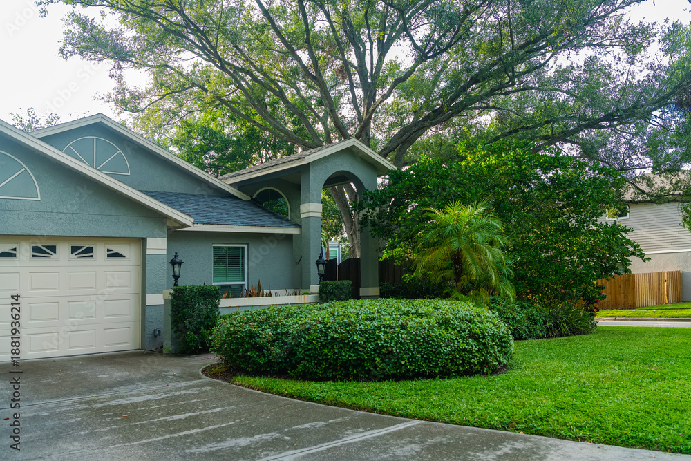 Fototapeta premium Peaceful neighborhood home surrounded by trees and foliage