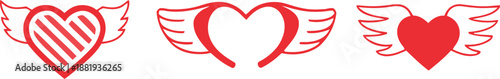 A collection of three red heart shaped emblems featuring wing like details arranged horizontally showcased on transparent background high-quality professional detailed modern elegant stylish clean