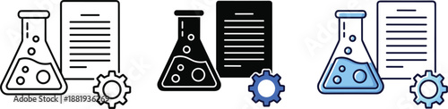 Laboratory Flask Document and Gear Icons Set Keywords: laboratory, flask, beaker, science, research, experiment, chemistry