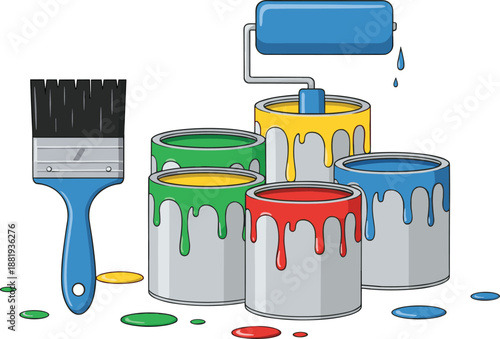 Professional Home Painting Equipment Vector Illustration Set Featuring Multiple Drip Cans Of Colorful Paint Brush And Roller Tools