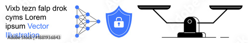 Cybersecurity, artificial intelligence, balance, network protection, technological security, digital safety. A lock icon within a shield and a network diagram. Cybersecurity and artificial